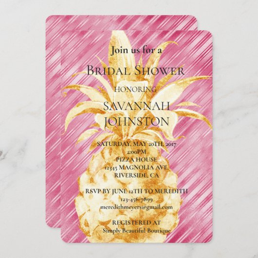 Roze Glam Strepen Gouden Ananas Bruidsfeest Kaart (Voorkant / Achterkant)