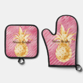 Roze Glam Stripes Goud Tropische Ananas Ovenwant & Pannenlap Set (Voorkant)