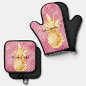 Roze Glam Stripes Goud Tropische Ananas Ovenwant & Pannenlap Set (Voorkant / Achterkant)