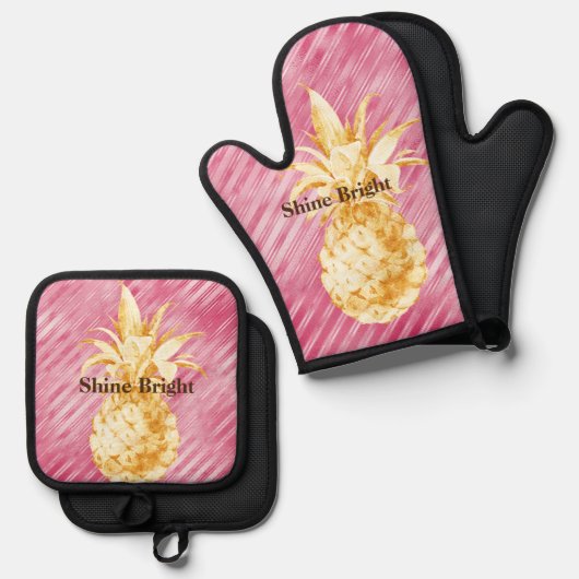 Roze Glam Stripes Goud Tropische Ananas Ovenwant & Pannenlap Set (Voorkant / Achterkant)