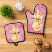 Roze Glam Stripes Goud Tropische Ananas Ovenwant & Pannenlap Set (Top down)