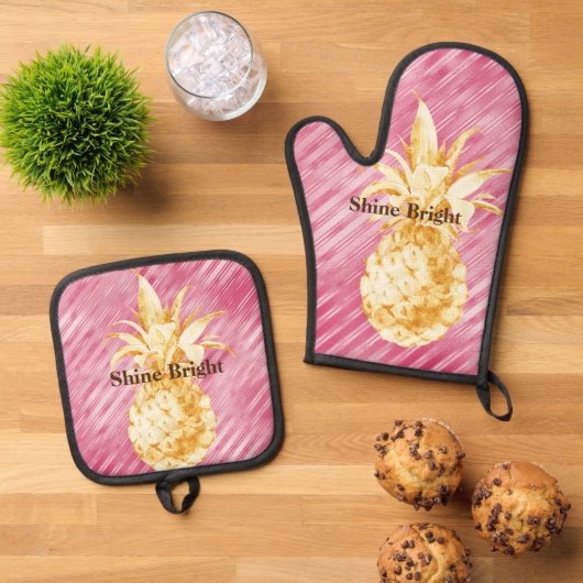 Roze Glam Stripes Goud Tropische Ananas Ovenwant & Pannenlap Set (Top down)