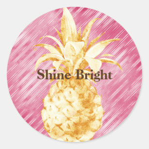 Roze Glam Stripes Goud Tropische Ananas Ronde Sticker
