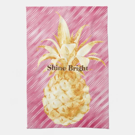 Roze Glam Stripes Goud Tropische Ananas Theedoek (Verticaal)
