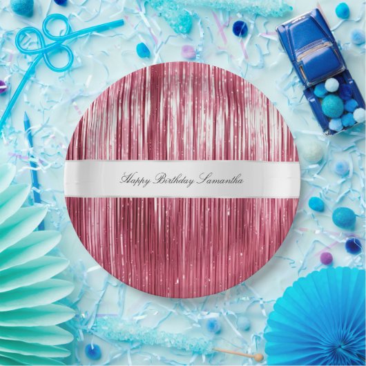  Roze Glam Tinsel Stripes Papieren Bordje (Feest)