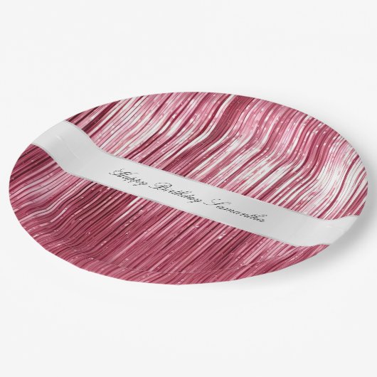 Roze Glam Tinsel Stripes Papieren Bordje (Gekanteld)