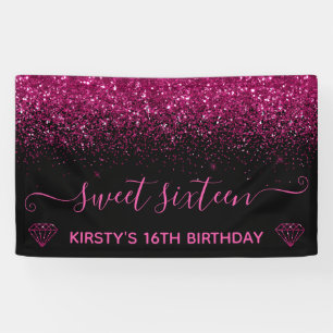 Roze glamour glitter op Zwarte Sweet 16 Spandoek