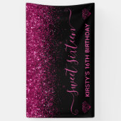Roze glamour glitter op zwarte Sweet 16 Spandoek (Verticaal)
