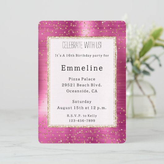 Roze Glamour Gouden Glitter Confetti Verjaardag Kaart (Staand voorkant)