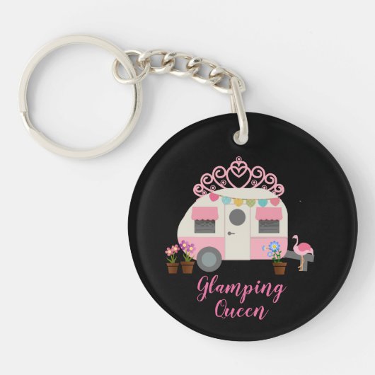 Roze Glamper Camper Queen Acrylo Sleutelhanger (Voorkant)