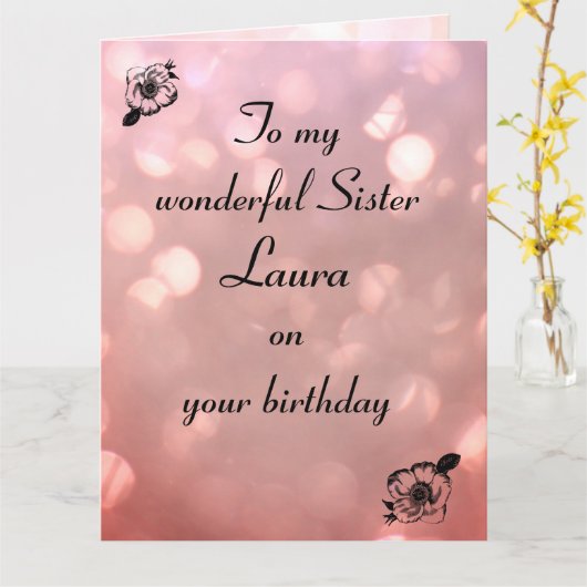 Roze glans moderne Gefeliciteerd zus Kaart (Gele Bloem)