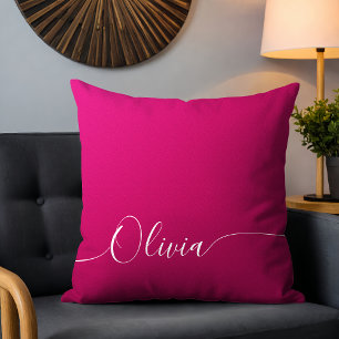 Roze Glans Witte Elegante Calligrafie Script Naam Kussen