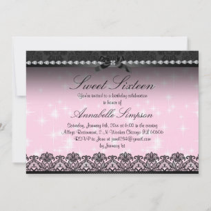 Roze glans & zwarte kant Sweet Sixteen uitnodiging