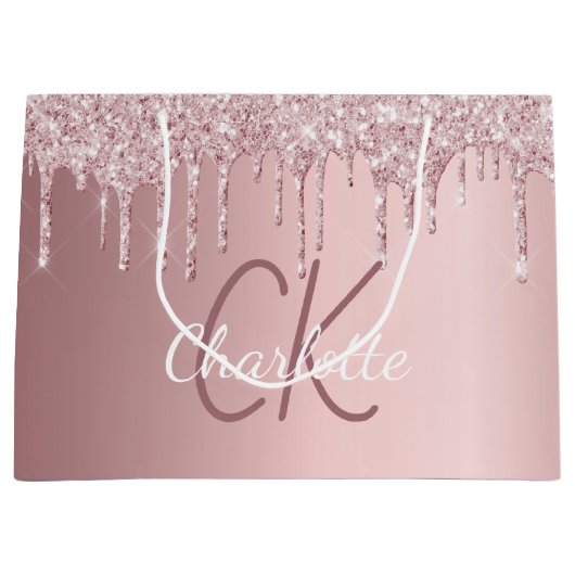 Roze glansdruppels monogram schrift elegant groot cadeauzakje (Voorkant)