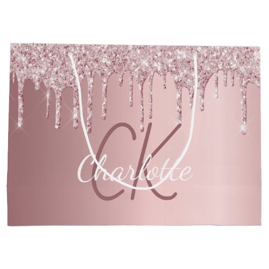 Roze glansdruppels monogram schrift elegant  groot cadeauzakje (Achterkant)