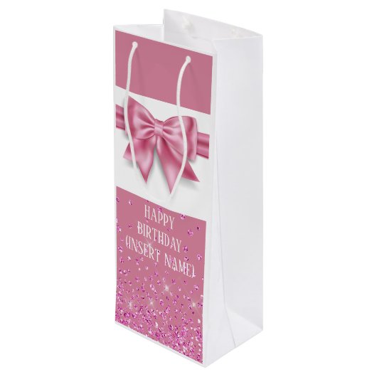 Roze glanzend lint boog satijn look girly glam wijn cadeautas (Achterkant Gekanteld)