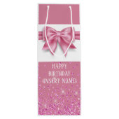 Roze glanzend lint boog satijn look girly glam wijn cadeautas (Achterkant)