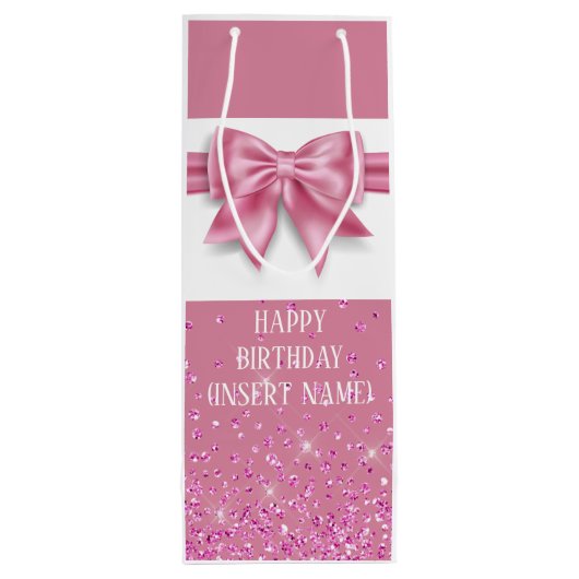 Roze glanzend lint boog satijn look girly glam wijn cadeautas (Achterkant)