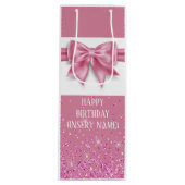 Roze glanzend lint boog satijn look girly glam wijn cadeautas (Voorkant)
