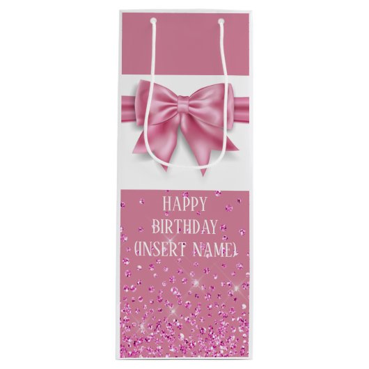Roze glanzend lint boog satijn look girly glam wijn cadeautas (Voorkant)