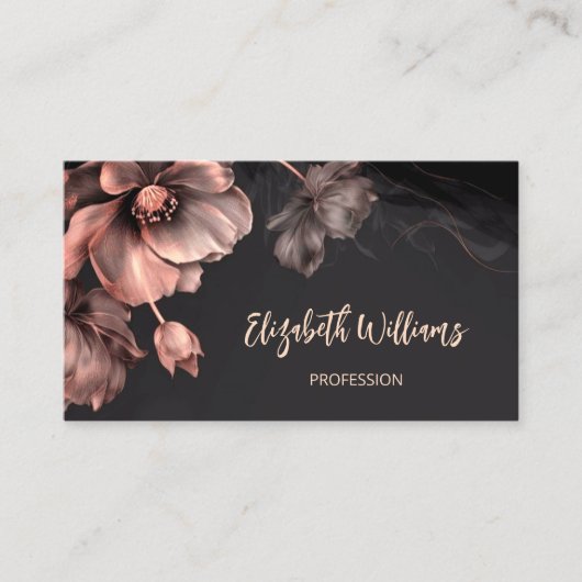 Roze Glanzende Bloemen Zwart Visitekaartje (Voorkant)