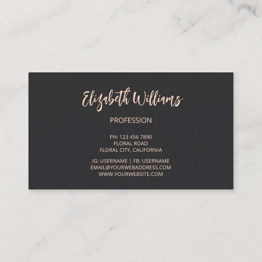 Roze Glanzende Bloemen Zwart Visitekaartje (Achterkant)