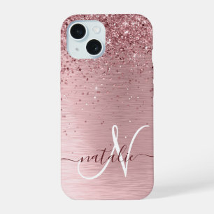 Roze Glanzende Borstelmetaal Glitter Monogram Naam iPhone 15 Case