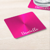 Roze glanzende faux metal aangepaste naam kartonnen onderzetters (Schuin)