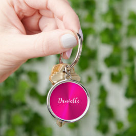 Roze glanzende faux metal aangepaste naam sleutelhanger