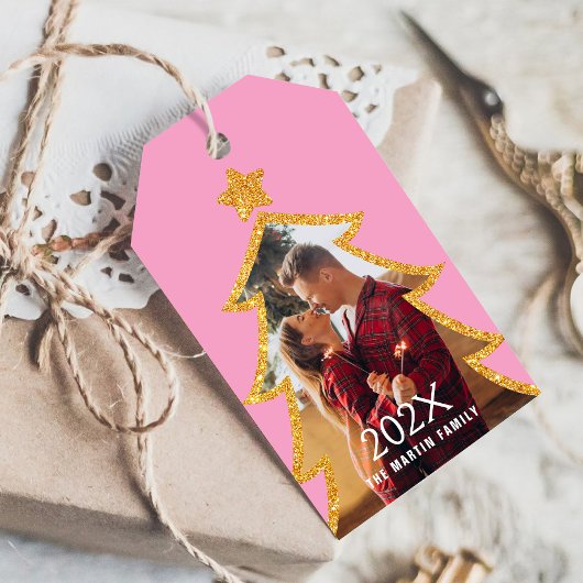 Roze Glanzende Kerstboom Persoonlijke Foto Cadeaulabel