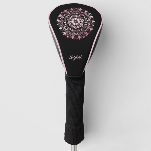 Roze glanzende mandala zwart golfheadcover (Voorkant)