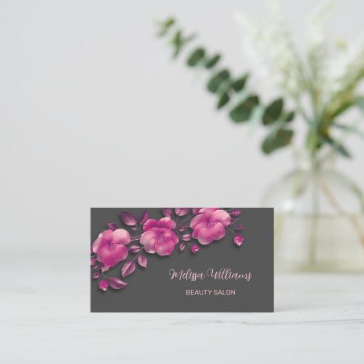Roze Glanzende Metallic Bloem Grijs Visitekaartje (Staand voorkant)