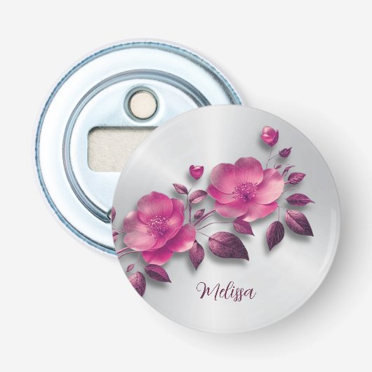 Roze Glanzende Metallic Bloem Zilver Button Flesopener (Voorkant)