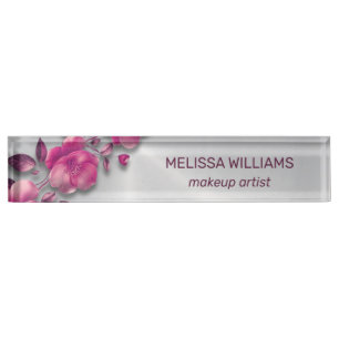 Roze Glanzende Metallic Bloem Zilver Naambordje