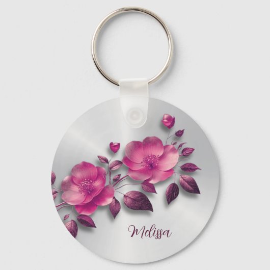 Roze Glanzende Metallic Bloem Zilver Sleutelhanger (Voorkant)