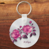 Roze Glanzende Metallic Bloem Zilver Sleutelhanger (Voorkant)