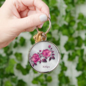 Roze Glanzende Metallic Bloem Zilver Sleutelhanger (Hand)