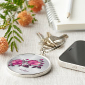 Roze Glanzende Metallic Bloem Zilver Sleutelhanger (Zijkant)