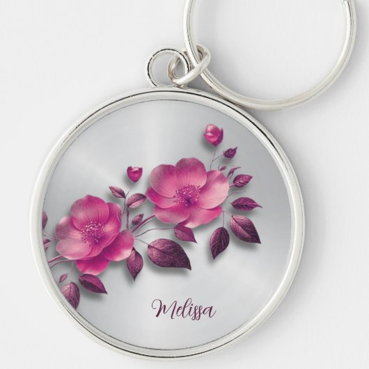 Roze Glanzende Metallic Bloem Zilver Sleutelhanger (Voorkant)