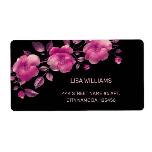 Roze Glanzende Metallic Bloem Zwart Etiket