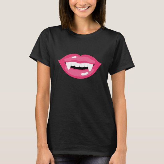 Roze Glanzende Vampier Lippen Hoektanden Mond Hall T-shirt (Voorkant)