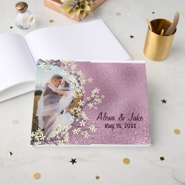 Roze glas en bruidsboeket fotolijst gastenboek