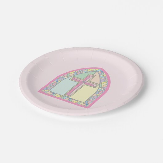 Roze Glas in lood Eerste Gemeenschap Papieren Bordje (Gekanteld)