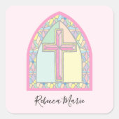 Roze Glas in lood Eerste Gemeenschap Vierkante Sticker (Voorkant)