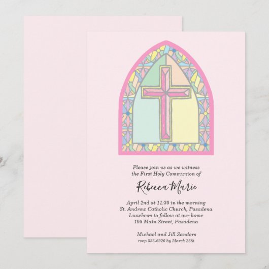 Roze Glas in lood, eerste mededeling Kaart (Voorkant / Achterkant)