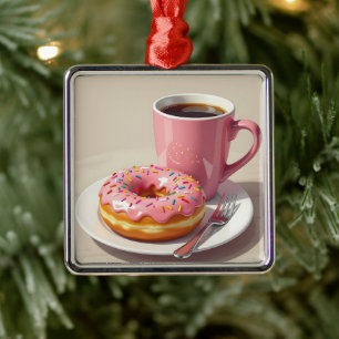 Roze Glazuur Donut en Kerstmis Koffie Metalen Ornament