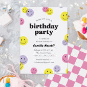 Roze Glimlachende Happy Face Kids Verjaardagsfeest Kaart