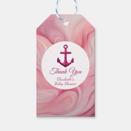 Roze glinsterend anker baby shower cadeaulabel (Voorkant)