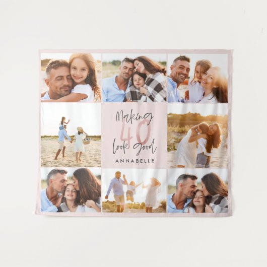 Roze glinsterende fotocollage voor 40e verjaardag  wandkleed (Voorkant (horizontaal))