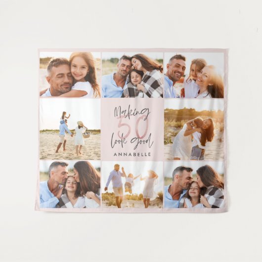 Roze glinsterende fotocollage voor 50e verjaardag  wandkleed (Voorkant (horizontaal))